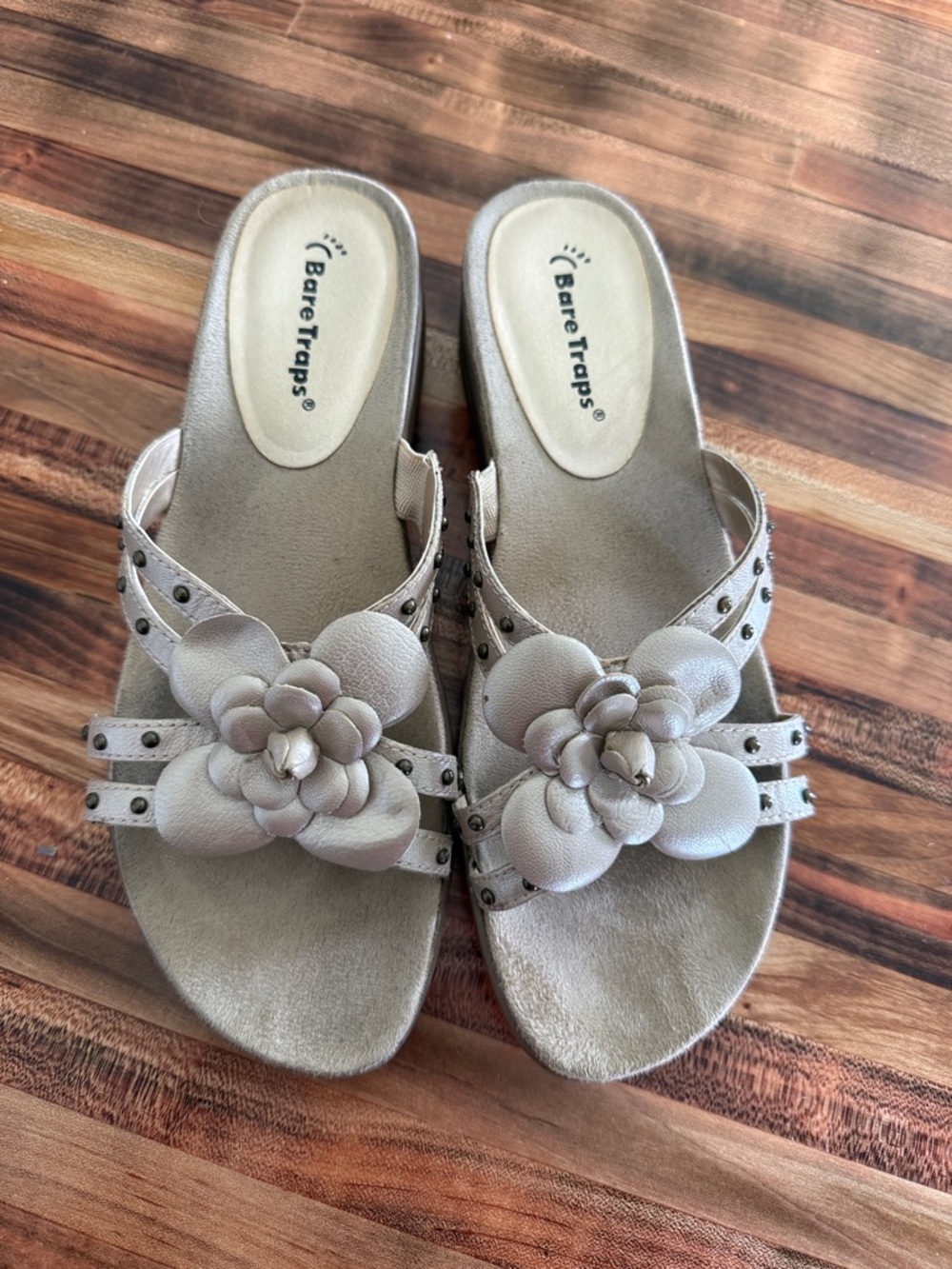 BareTraps Taupe Floral Slide Mules with Stud Accents